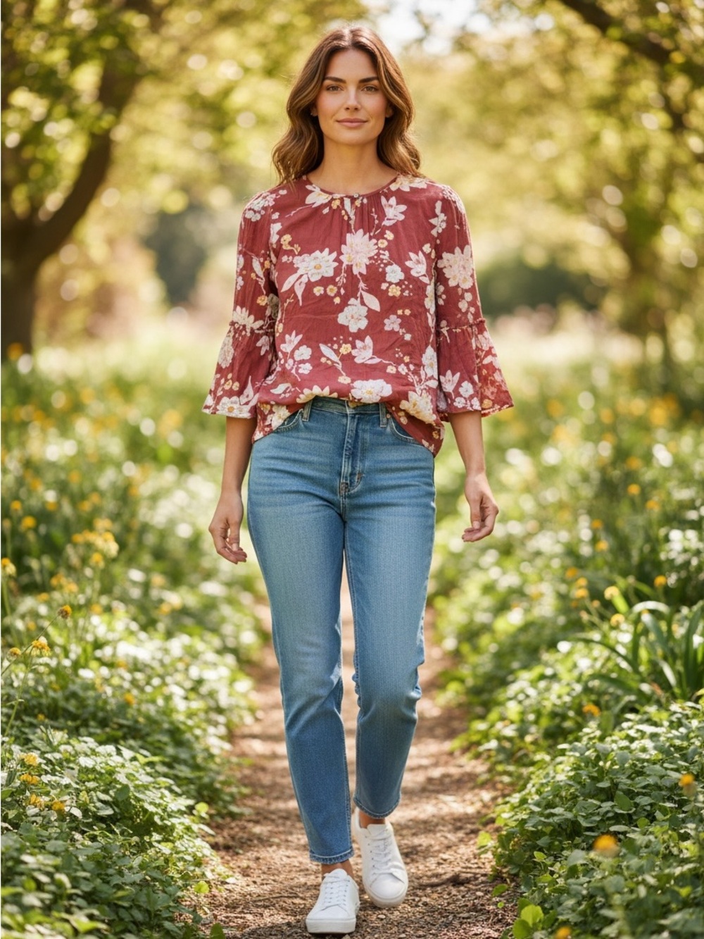 Billabong Rust Floral Bell-Sleeve Blouse